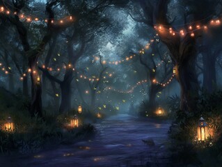 A forest at night with lights hanging from the trees. The lights are lit up and there are lanterns on the ground