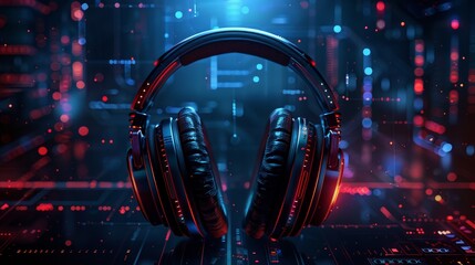 Headphones illuminated with neon lights against a futuristic digital backdrop