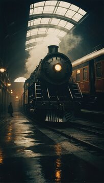 documentary extreme one point perspective wide angle scene of steam locomotive in a bioshock dishonored giant steampunk train station