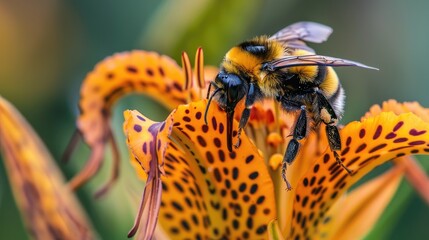 Close up of a bumblebee perched on a leopard plant flower