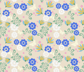 Fototapeta na wymiar Butterflies and Blue Floral Repeat Pattern