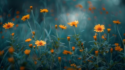 Serene meadow of golden wildflowers against a muted blue backdrop, capturing nature's quiet beauty