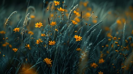 Fototapeta na wymiar Serene meadow of golden wildflowers against a muted blue backdrop, capturing nature's quiet beauty