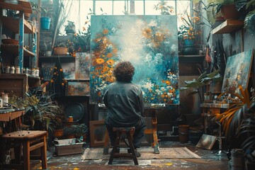 Man seated in front of a painting in an art studio - obrazy, fototapety, plakaty
