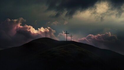 View of the Cross on the hill at dawn, with a beautiful sea of ​​clouds