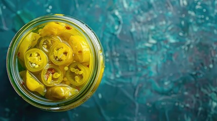 Asian Inspired Pickled Biquinho Yellow Chilies in a Glass Jar on Blue Green Background