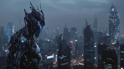Alien robot destroying city close up view concept. Giant robots with red eyes are attacking on city and humans.