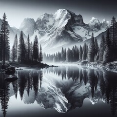 Fantastic winter landscape with snow covered fir trees and lake. Print art.