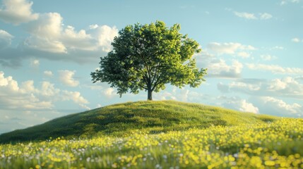 Solitary tree on a sunlit hill under a vibrant sky, an embodiment of tranquility and natural beauty