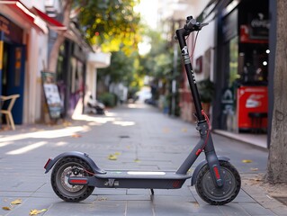 A grey scooter is parked on the sidewalk in front of a restaurant. The scooter is leaning against a tree