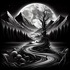 Fantasy landscape with a river and a tree on the background of the moon. Black and white print art.