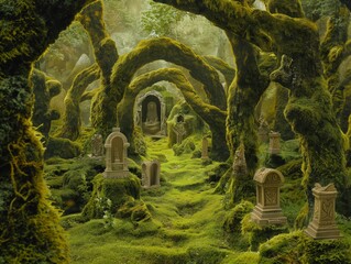 A graveyard with mossy trees and gravestones. The atmosphere is eerie and mysterious. The mossy trees and gravestones give the impression of a forgotten place, and the overall mood is one of sadness - obrazy, fototapety, plakaty
