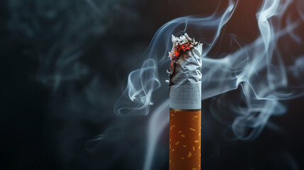 Close-up of a burning cigarette isolated on a black background, smoke curling upward in a dark, moody atmosphere.