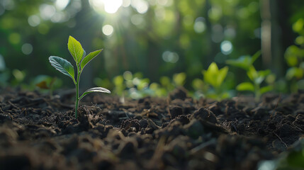 Close-up of a seedling emerging from the soil with a backdrop of a forest, symbolizing new growth and natural beginnings.