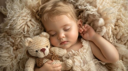 Sleeping baby girl hugged by her toy teddy bear When viewed from above Conveying the essence of innocence and comfort during quiet relaxation time.