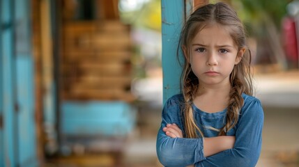 Fototapeta premium As she stood outside the school with her arms crossed, the little girl had a sullen look on her face. Struggling with emotions and stress