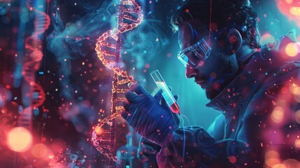 Medical innovation with a wide holographic banner showcasing scientists doing pharmaceutical research, medicine, and biotechnology to sequence DNA 