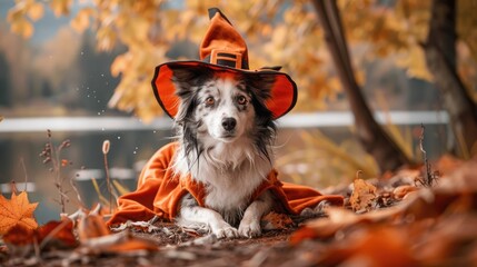 A dog in a Halloween outfit rests by a fall lake in nature