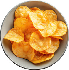 Bowl with potato chips isolated. Top view.