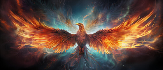 Ethereal Phoenix in Flight Against Cosmic Backdrop - obrazy, fototapety, plakaty