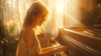 a joyful woman playing piano at home