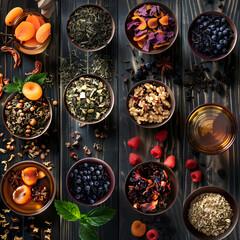 Superfoods dieting clean concept, top view on dark wooden background.