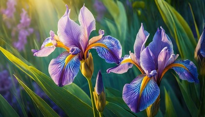 Top view, Amidst a sea of lush greenery, vibrant purple irises bloom, their delicate petals...