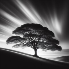 Silhouette of a tree on a hillside with rays of light. Black and white.