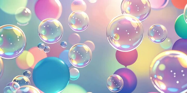 Abstract background with colorful flying small and large soap bubbles.