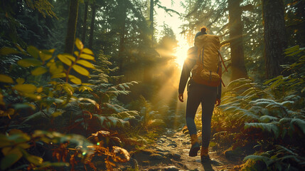 a joyful woman hiking along a sun-dappled forest trail - obrazy, fototapety, plakaty
