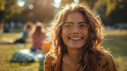 a joyful woman laughing with friends at an outdoor picnic in a sunlit park - Powered by Adobe