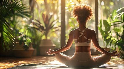 a joyful woman practicing yoga in a sunlit studio