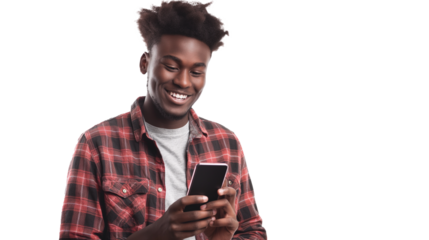 portrait of a young man using mobile phone isolated on transparent background, boy cut out 