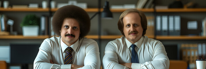 Eccentric and quirky office worker - dramatic pose - idiosyncratic um or - blue background 