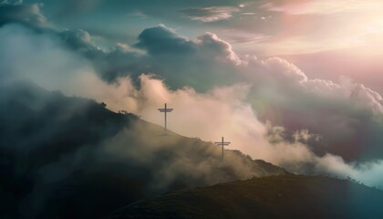 Obraz premium View of the Cross on the hill at sunlight, with a beautiful sea of ​​clouds
