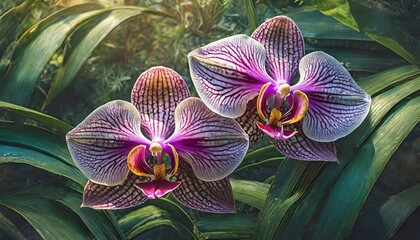 Top view, Amidst a backdrop of emerald leaves, elegant purple orchids unfurl their intricate...