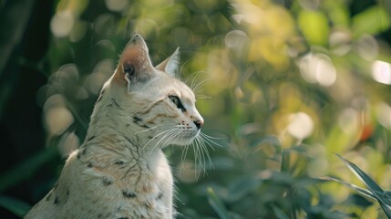 A white spotted cat s profile portrait in a garden with a blurry backdrop