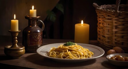 exquisite plate of spaghetti on a rustic wooden table, with candles 