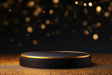 A gold podium sits on a black background with gold glitter around it, Luxury style