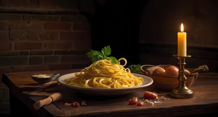 exquisite plate of spaghetti on a rustic wooden table, with candles 
