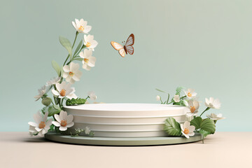 A white round podium with flowers and a butterfly on it sits on a stage