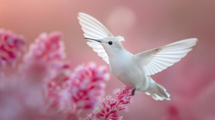 Fototapeta premium White Hummingbird Dances Amongst Delicate Pink Blossoms, a Vision of Aerial Grace.