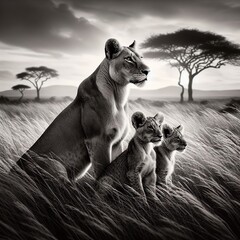 Lioness with cubs black and white image.