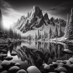 Mountain lake with reflection in the water. Dramatic landscape. Black and white print art.