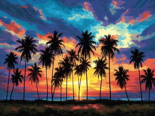 Fototapeta na wymiar A beautiful painting of a sunset over a beach with palm trees. The sky is filled with clouds and the sun is setting, casting a warm glow over the scene. The palm trees are tall and lush