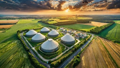 Top view, Biomass power plants dot the countryside, surrounded by fields of crops and forests, where organic waste is transformed into renewable energy through combustion or anaerobic digestion.