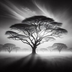Beautiful black and white image of a tree in a misty landscape