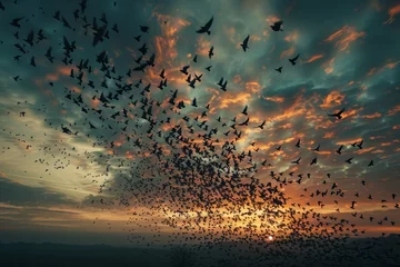 Fotobehang Flock of Birds in Fiery Sunset Sky  © Ekarat
