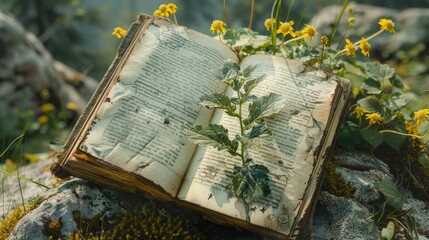 Antique Open Book with Plants Overlaid in Nature
