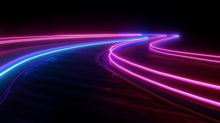 Abstract background with neon light rays and glowing lines on black background. Glowing speed road line in blue pink red purple colors.